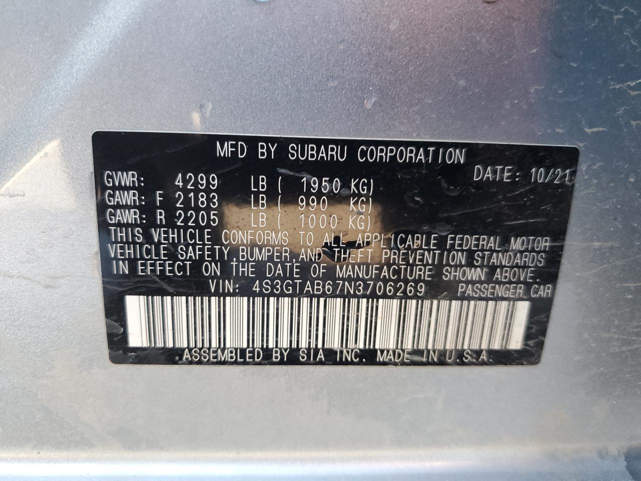 2022 SUBARU IMPREZA  VIN:4S3GTAB67N3706269