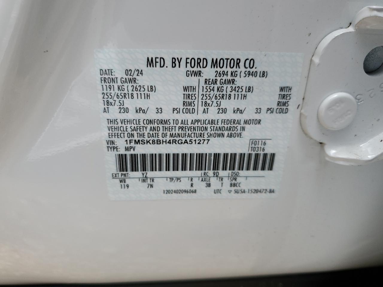 2024 FORD EXPLORER  VIN:1FMSK8BH4RGA51277