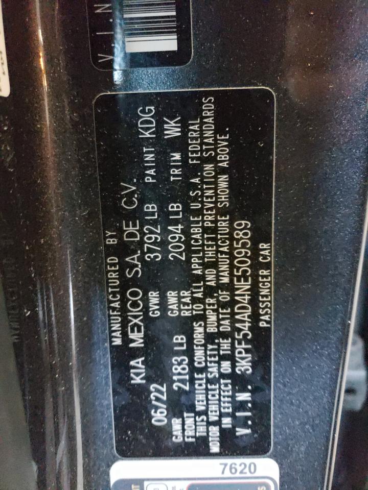 2022 KIA FORTE GT LINE VIN:3KPF54AD4NE509589