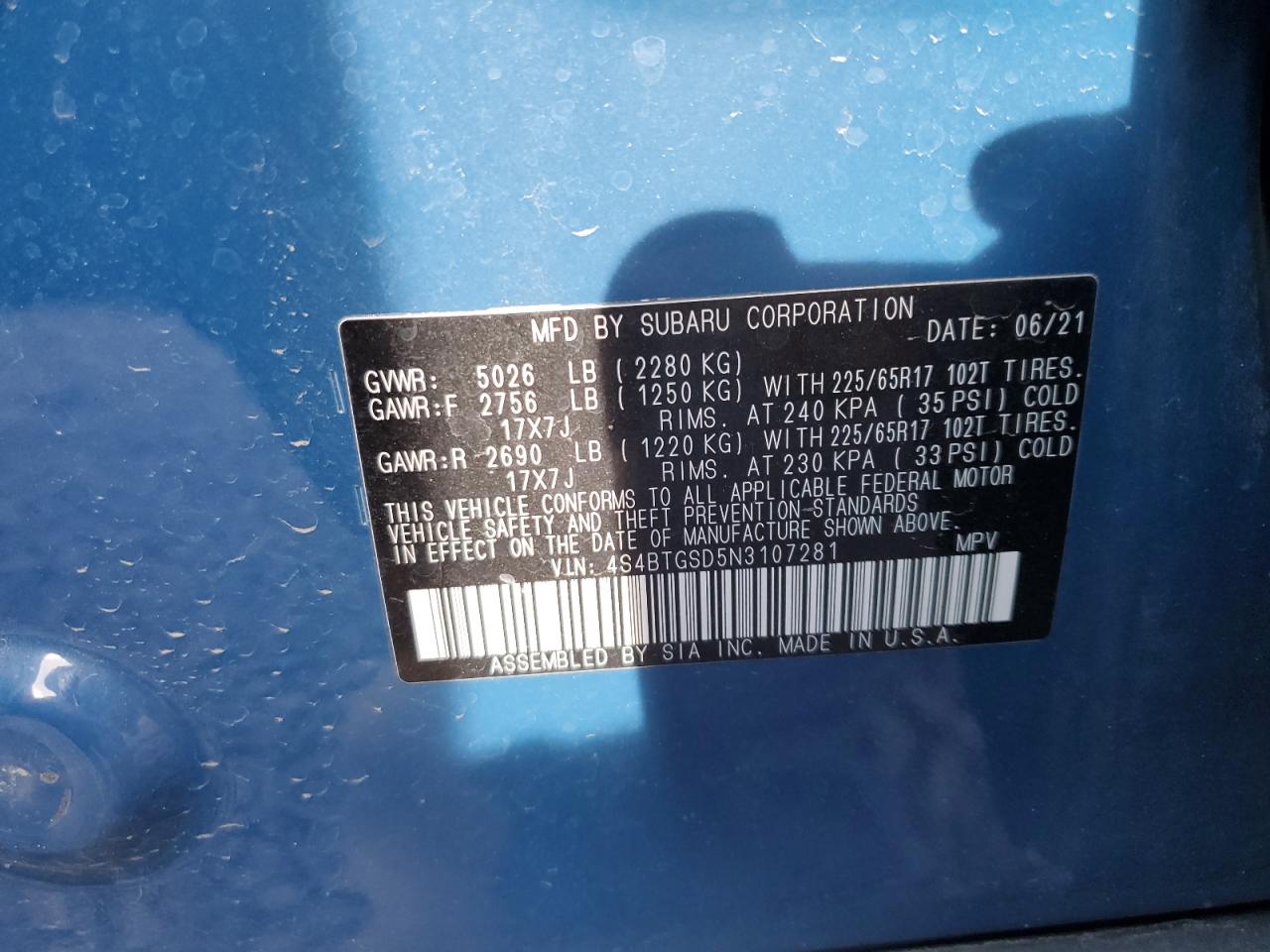 2022 SUBARU OUTBACK WILDERNESS VIN:4S4BTGSD5N3107281