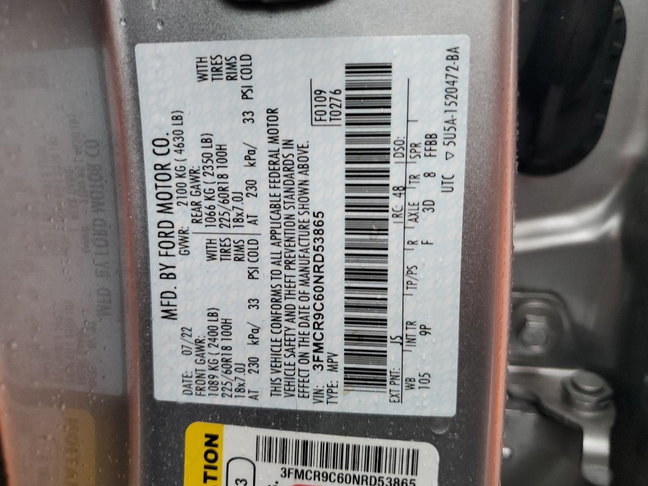 2022 FORD BRONCO SPORT OUTER BANKS VIN:3FMCR9C60NRD53865