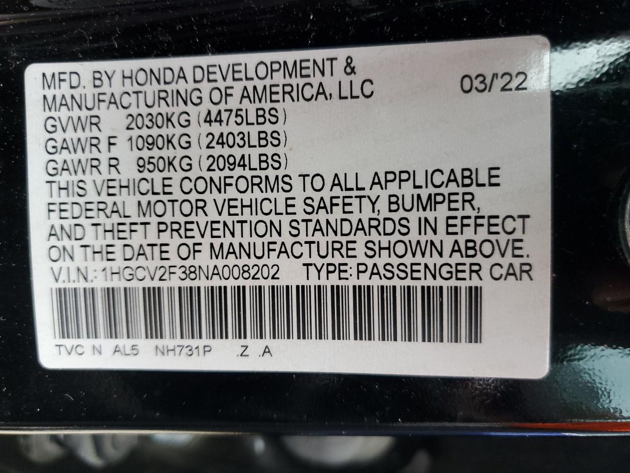 2022 HONDA ACCORD SPORT VIN:1HGCV2F38NA008202