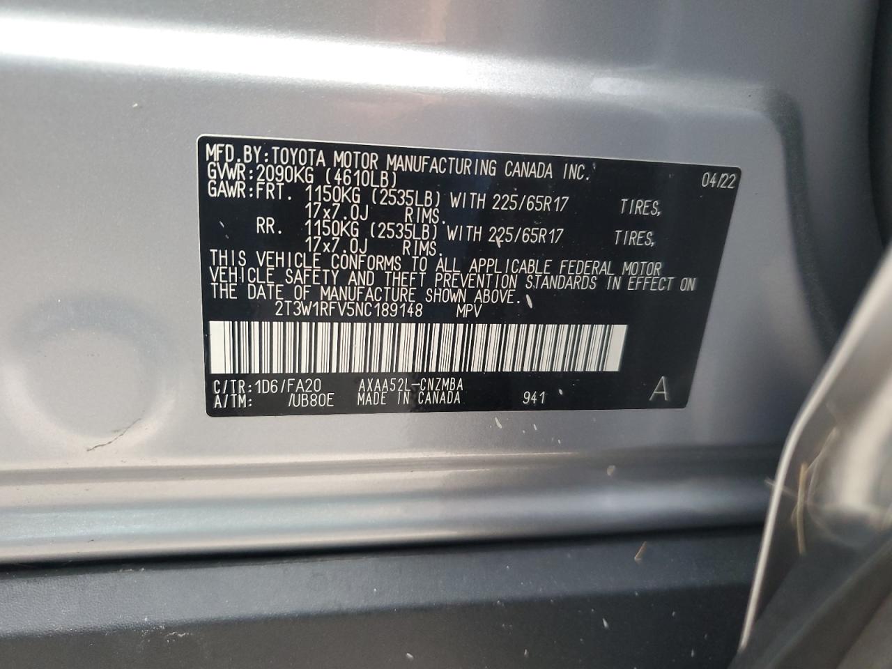 2022 TOYOTA RAV4 XLE VIN:2T3W1RFV5NC189148