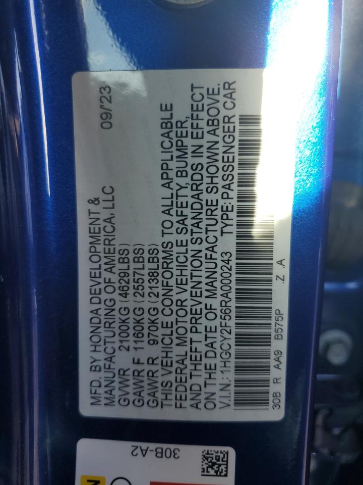 2024 HONDA ACCORD HYBRID SPORT VIN:1HGCY2F56RA000243