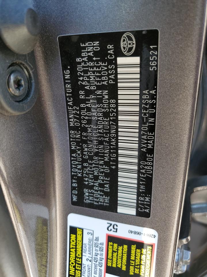 2022 TOYOTA CAMRY SE VIN:4T1G11AK9NU715288