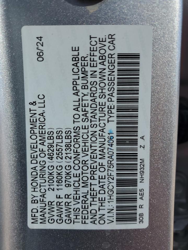 2024 HONDA ACCORD HYBRID SPORT-L VIN:1HGCY2F75RA074061