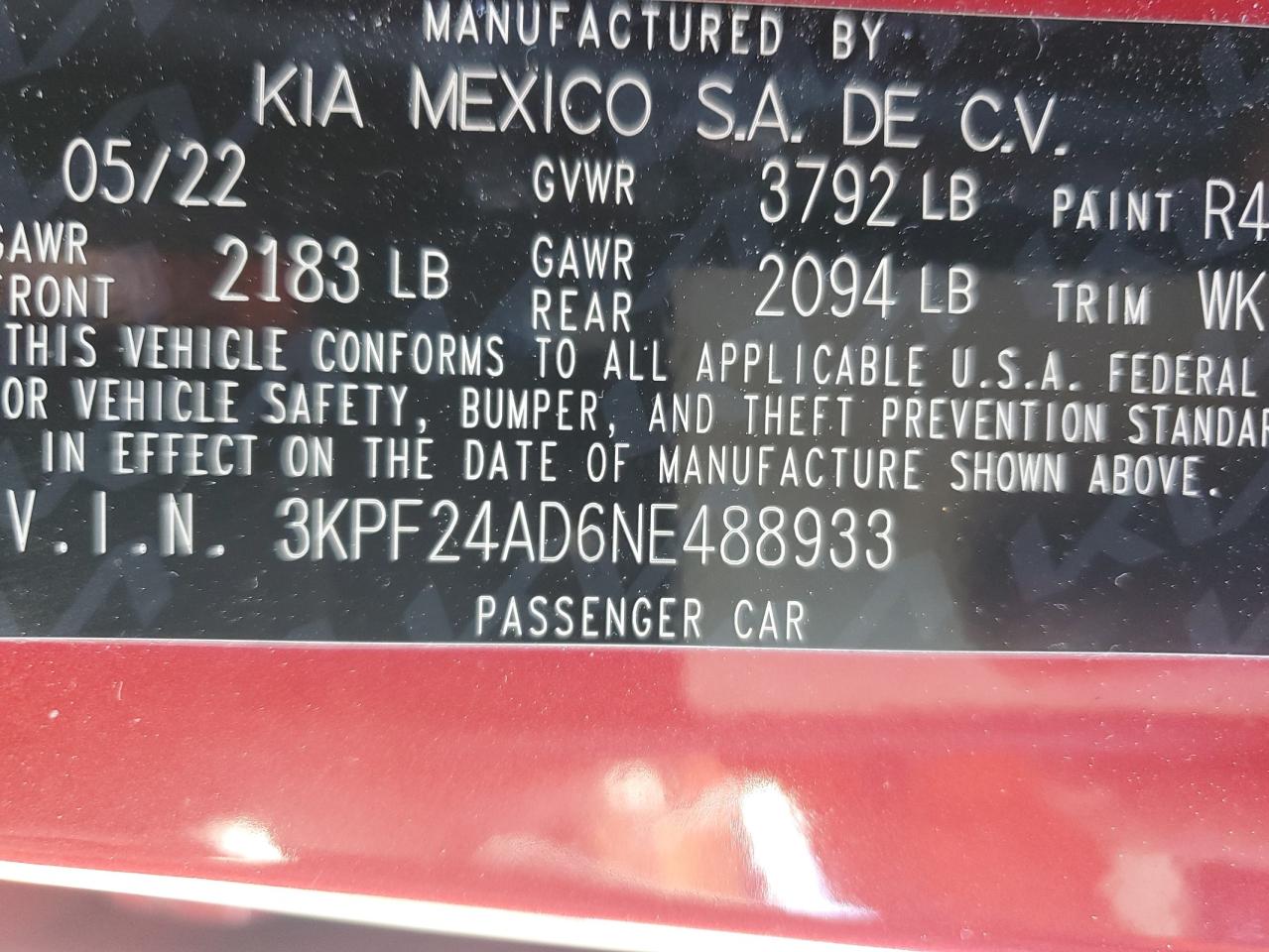 2022 KIA FORTE FE VIN:3KPF24AD6NE488933