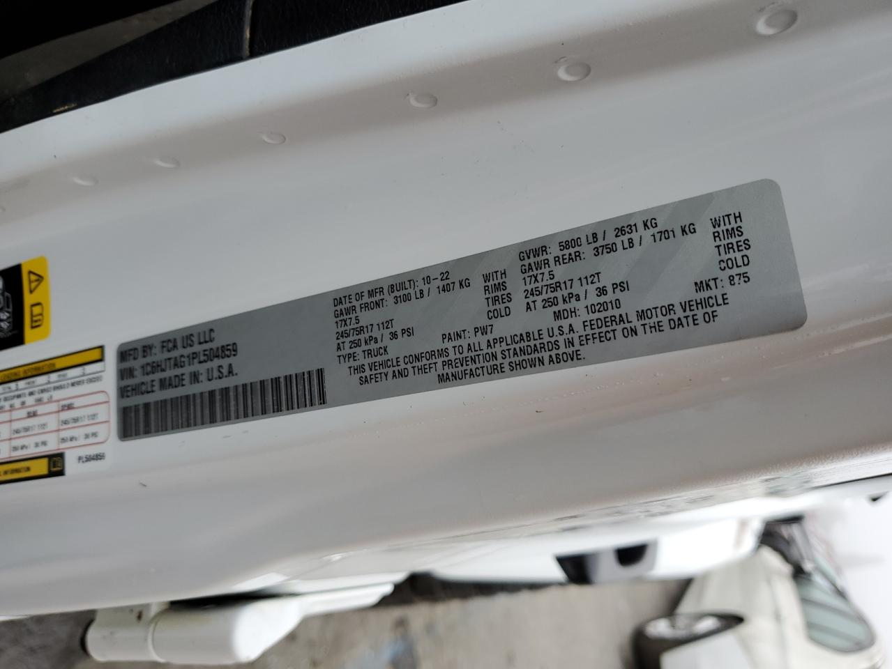 2023 JEEP GLADIATOR SPORT VIN:1C6HJTAG1PL504859
