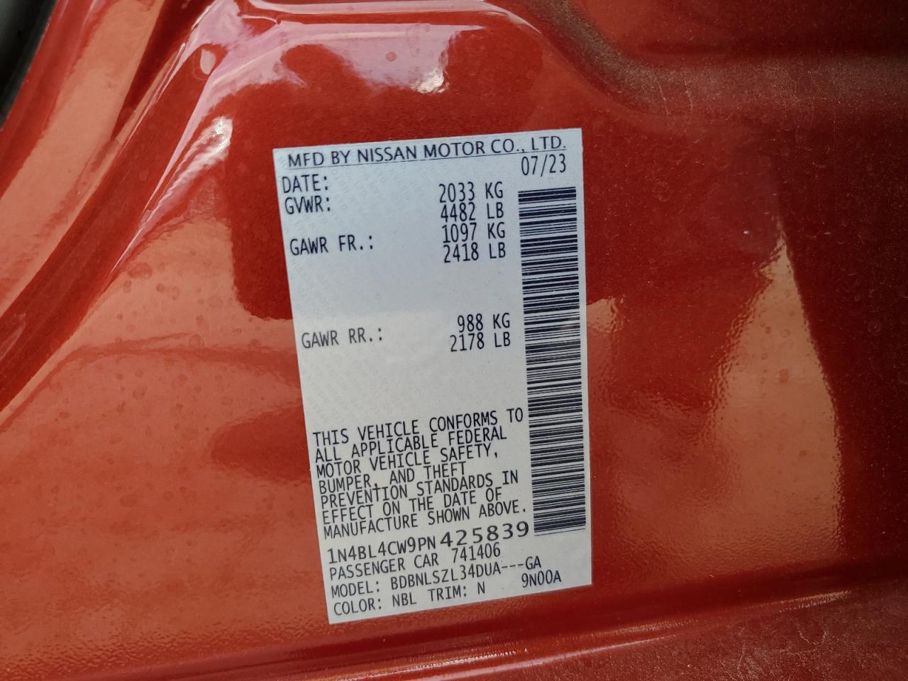 2023 NISSAN ALTIMA SR VIN:1N4BL4CW9PN425839