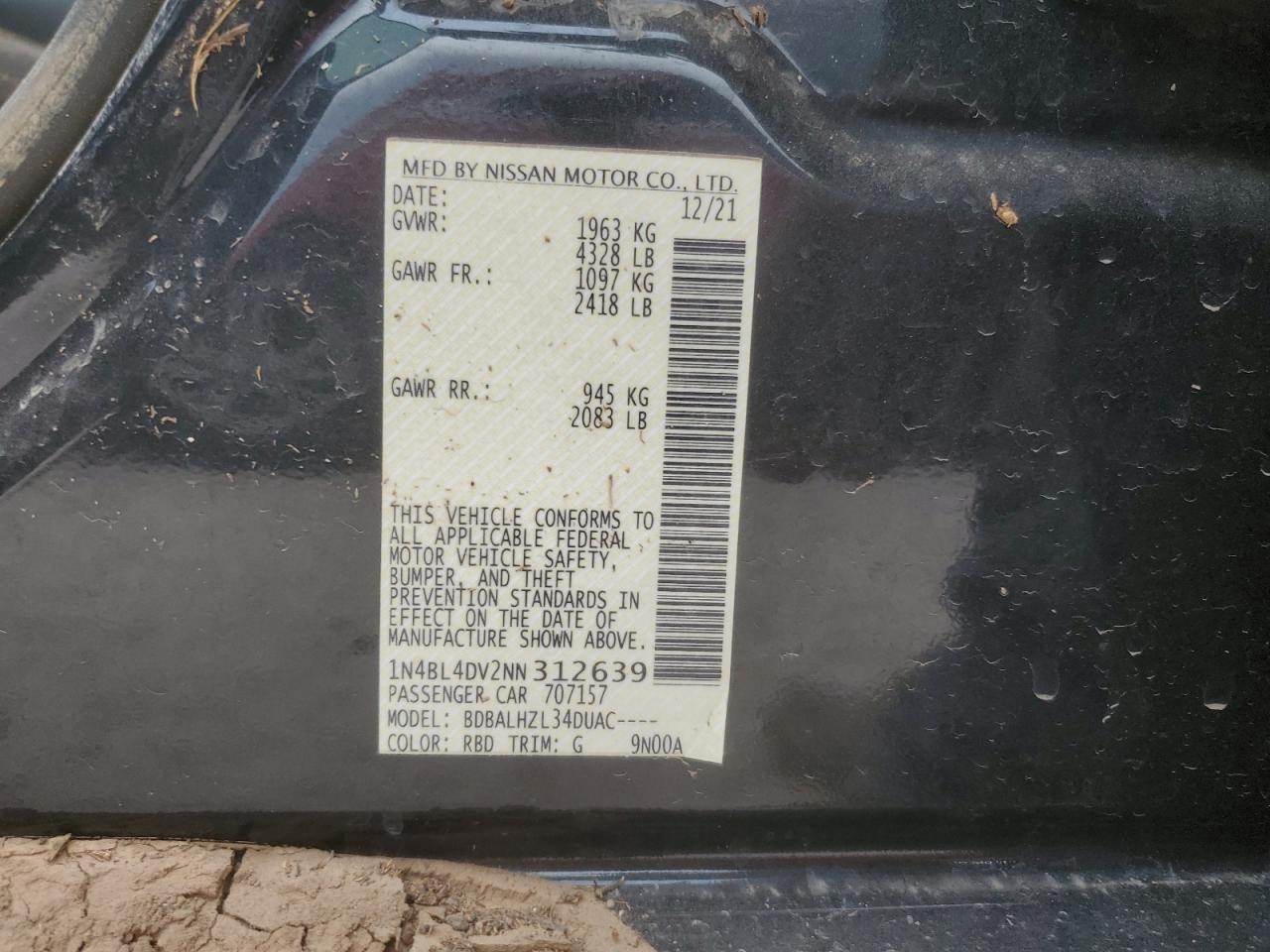 2022 NISSAN ALTIMA SV VIN:1N4BL4DV2NN312639