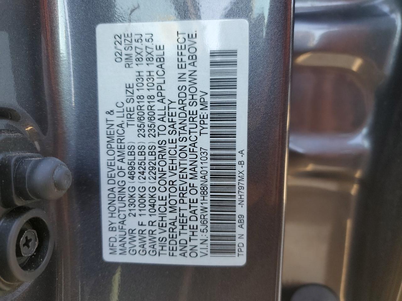2022 HONDA CR-V EXL VIN:5J6RW1H88NA011037