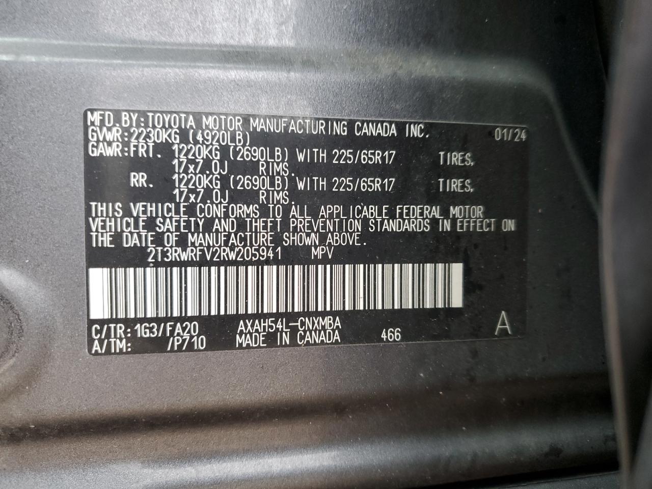 2024 TOYOTA RAV4 XLE VIN:2T3RWRFV2RW205941