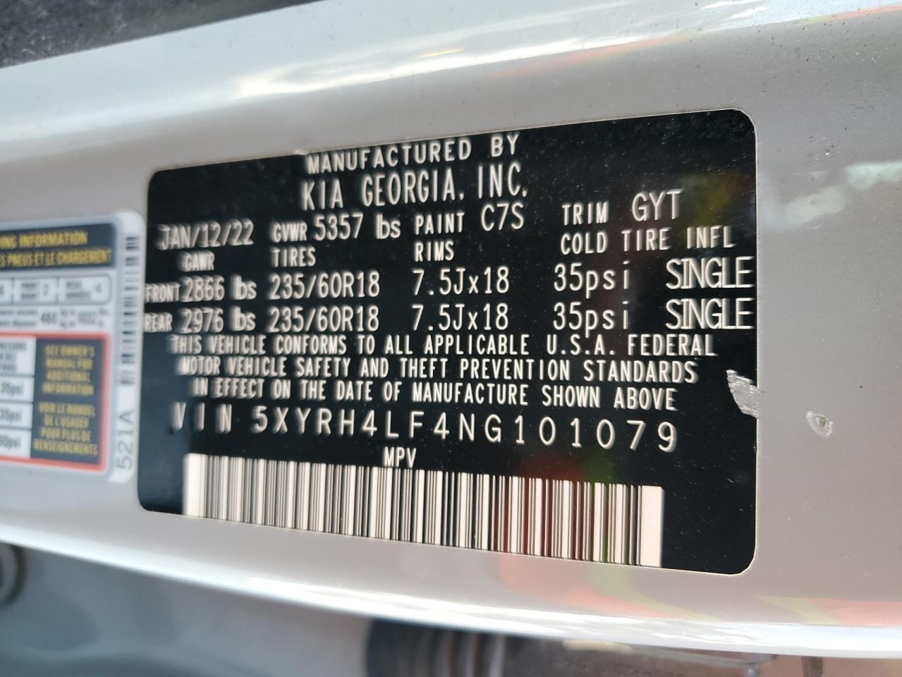 2022 KIA SORENTO EX VIN:5XYRH4LF4NG101079