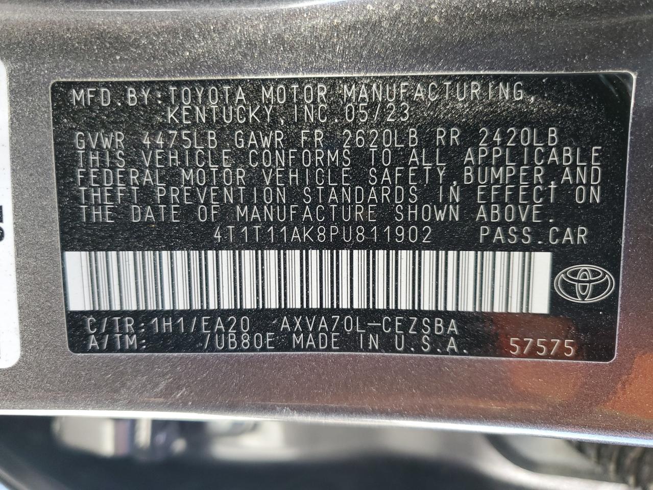 2023 TOYOTA CAMRY SE NIGHT SHADE VIN:4T1T11AK8PU811902