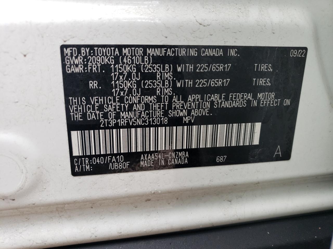 2022 TOYOTA RAV4 XLE VIN:2T3P1RFV5NC313018