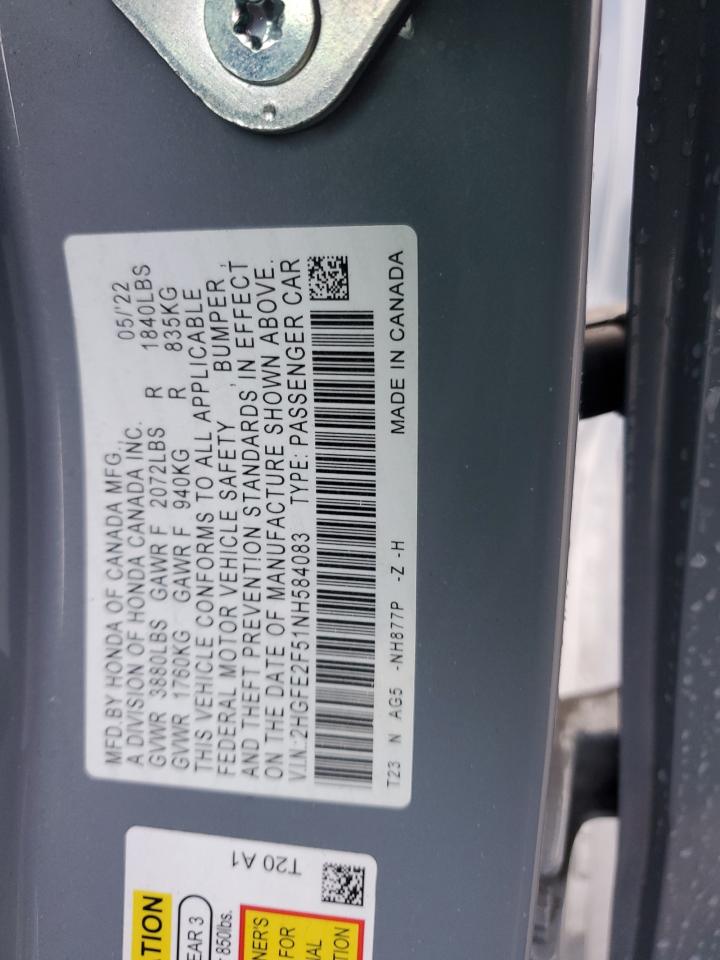 2022 HONDA CIVIC SPORT VIN:2HGFE2F51NH584083