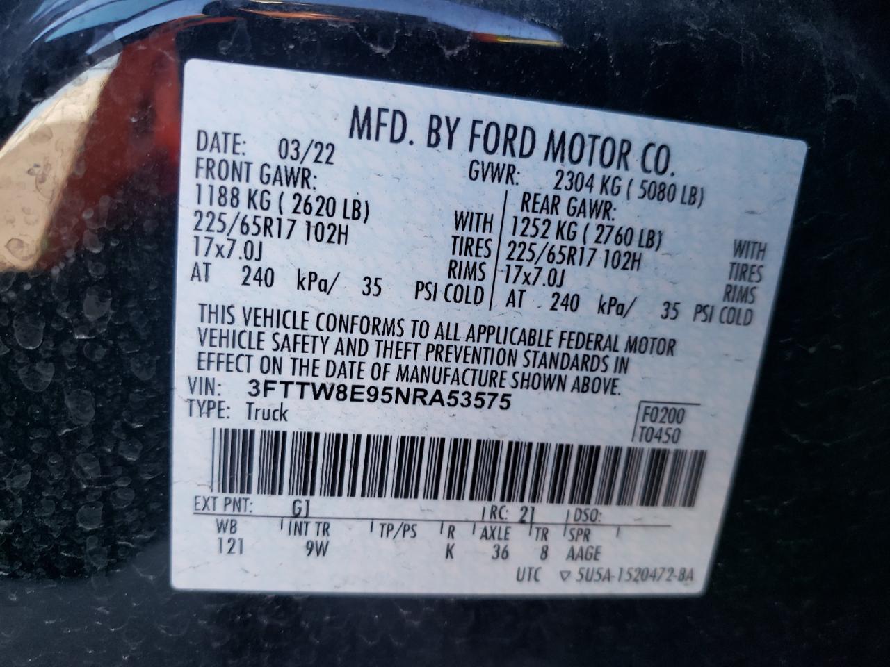 2022 FORD MAVERICK XL VIN:3FTTW8E95NRA53575