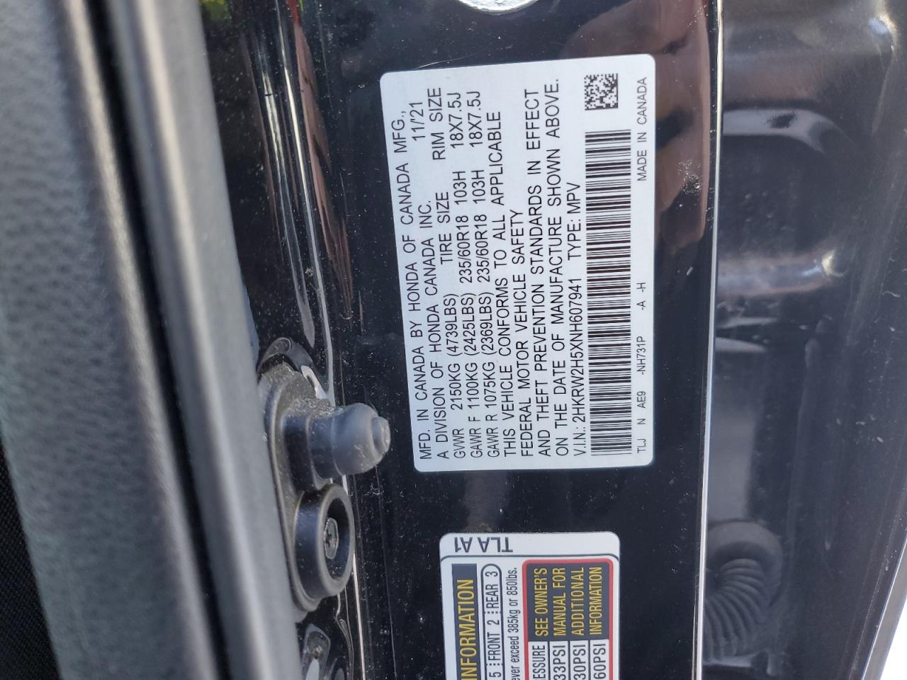 2022 HONDA CR-V EX VIN:2HKRW2H5XNH607941