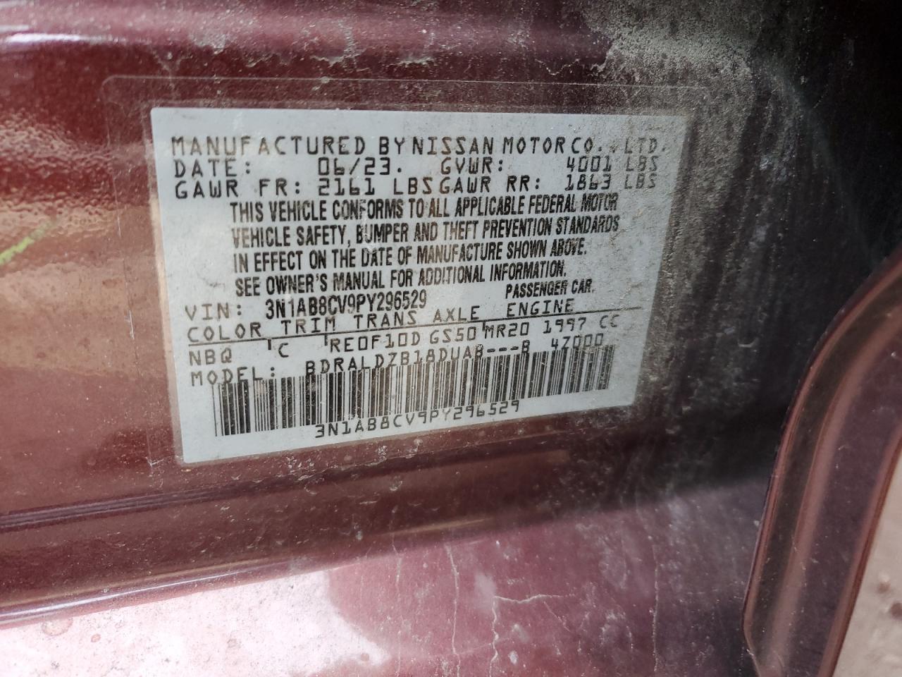 2023 NISSAN SENTRA SV VIN:3N1AB8CV9PY296529