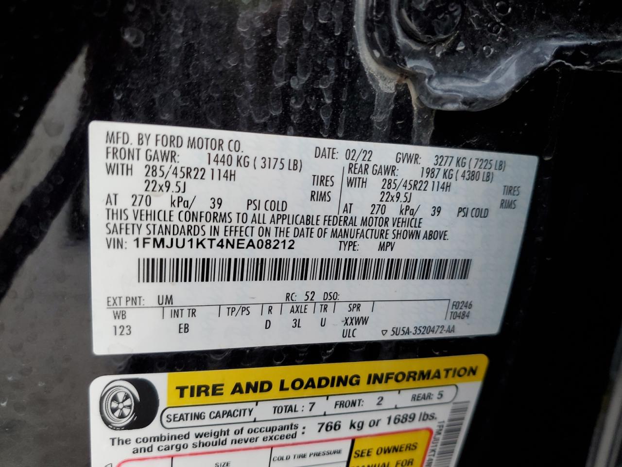 2022 FORD EXPEDITION LIMITED VIN:1FMJU1KT4NEA08212