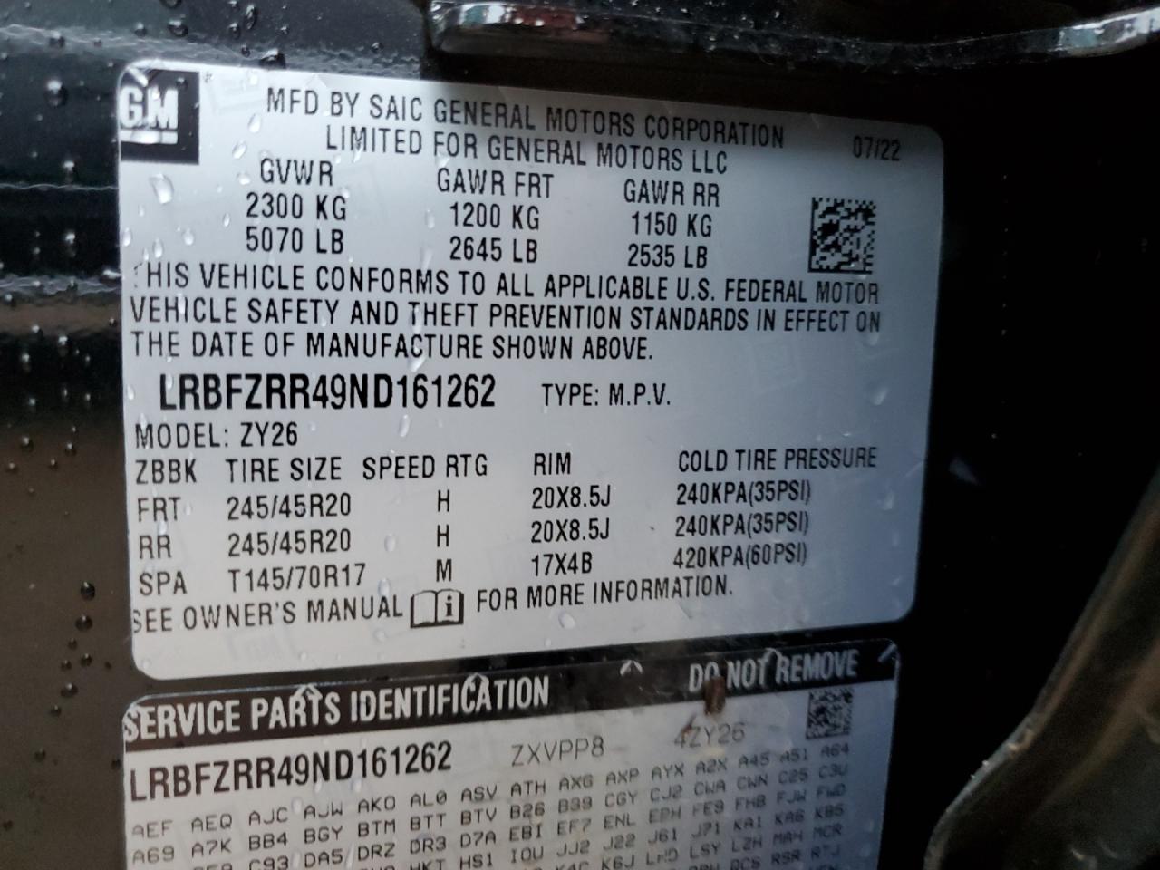 2022 BUICK ENVISION AVENIR VIN:LRBFZRR49ND161262