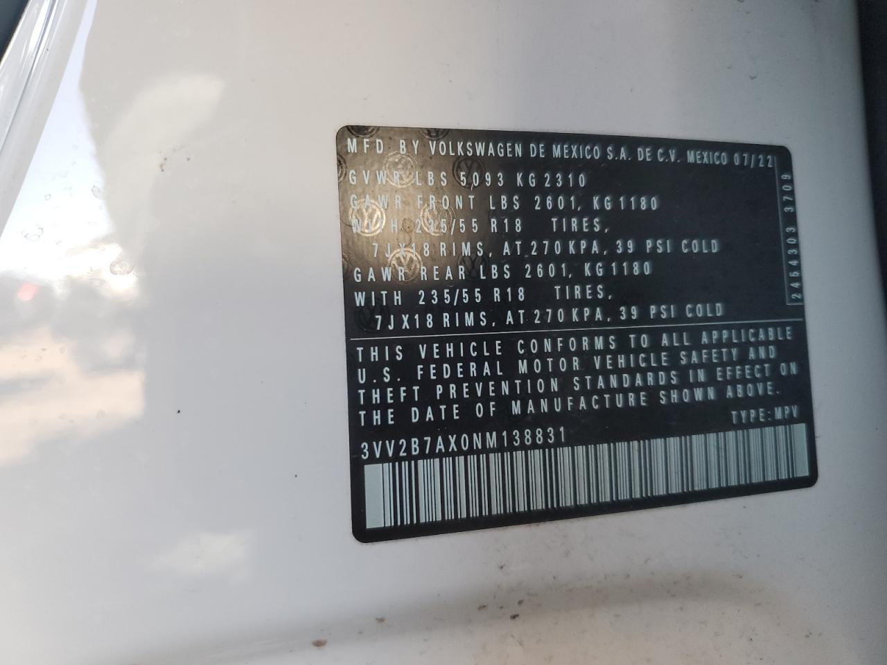2022 VOLKSWAGEN TIGUAN SE VIN:3VV2B7AX0NM138831