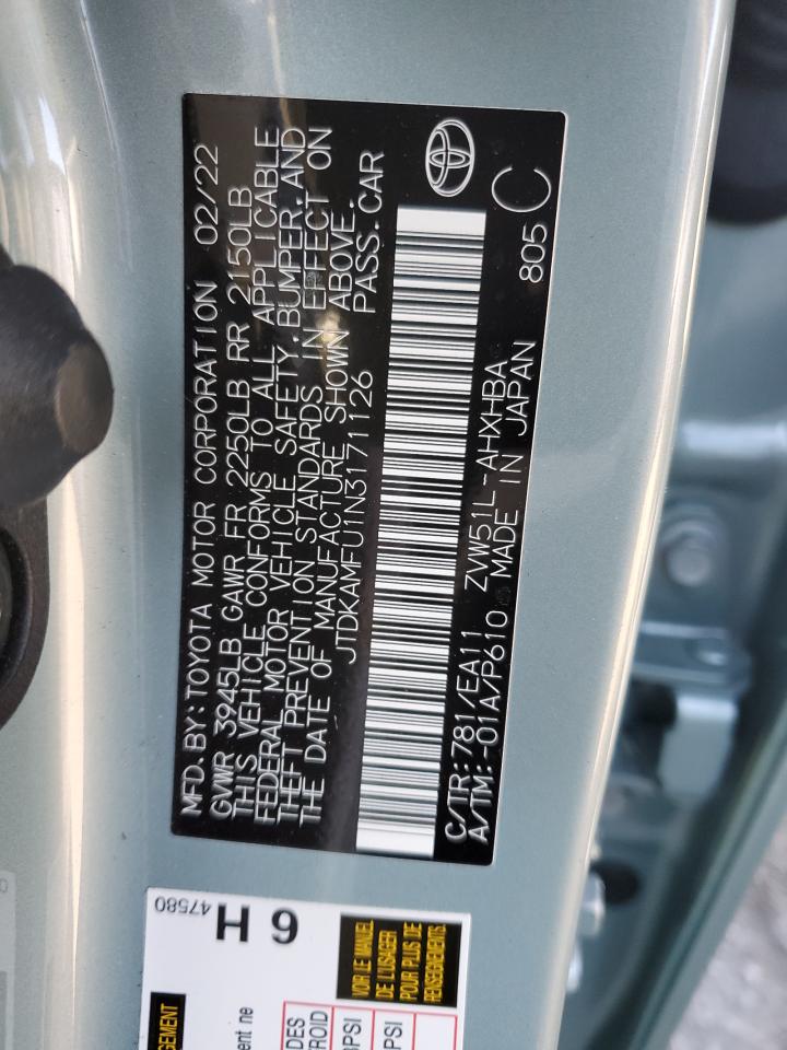 2022 TOYOTA PRIUS NIGHT SHADE VIN:4T1C11AK5MU597544