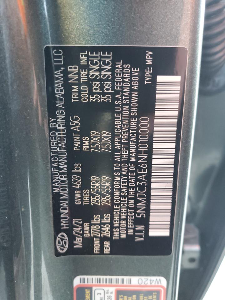 2022 HYUNDAI TUCSON SEL VIN:5NMJC3AE6NH010000