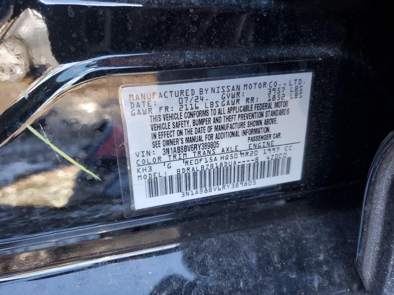 2024 NISSAN SENTRA S VIN:3N1AB8BV6RY389805