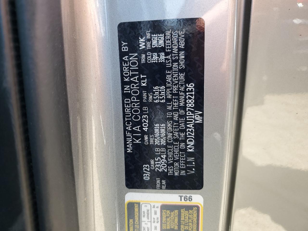 2023 KIA SOUL LX VIN:KNDJ23AU1P7882136