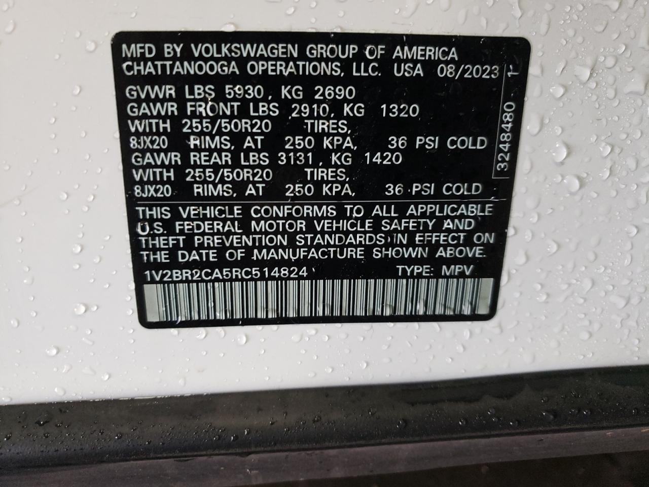 2024 VOLKSWAGEN ATLAS SEL VIN:1V2BR2CA5RC514824