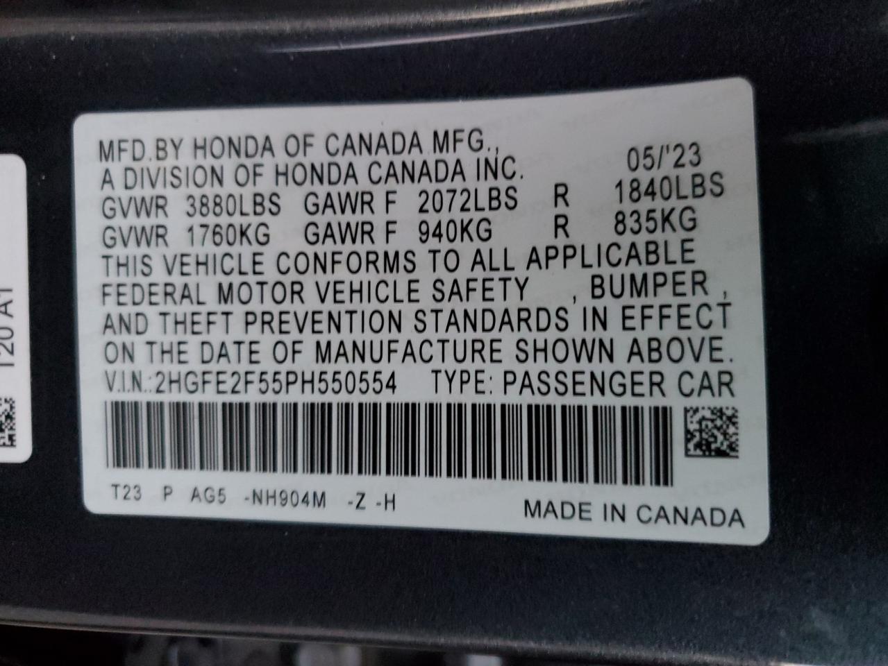 2023 HONDA CIVIC SPORT VIN:2HGFE2F55PH550554