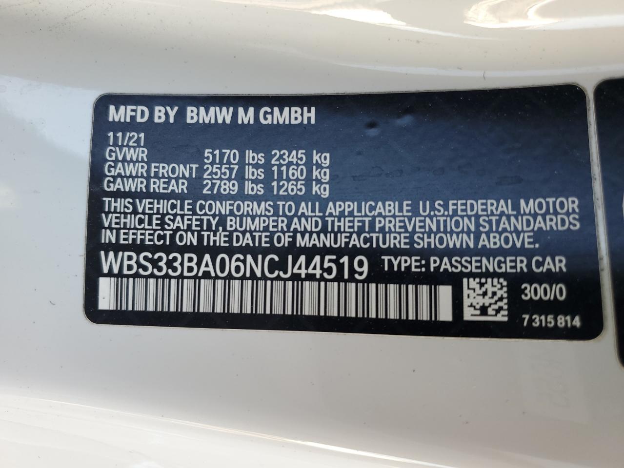 2022 BMW M4 COMPETITION VIN:WBS33BA06NCJ44519