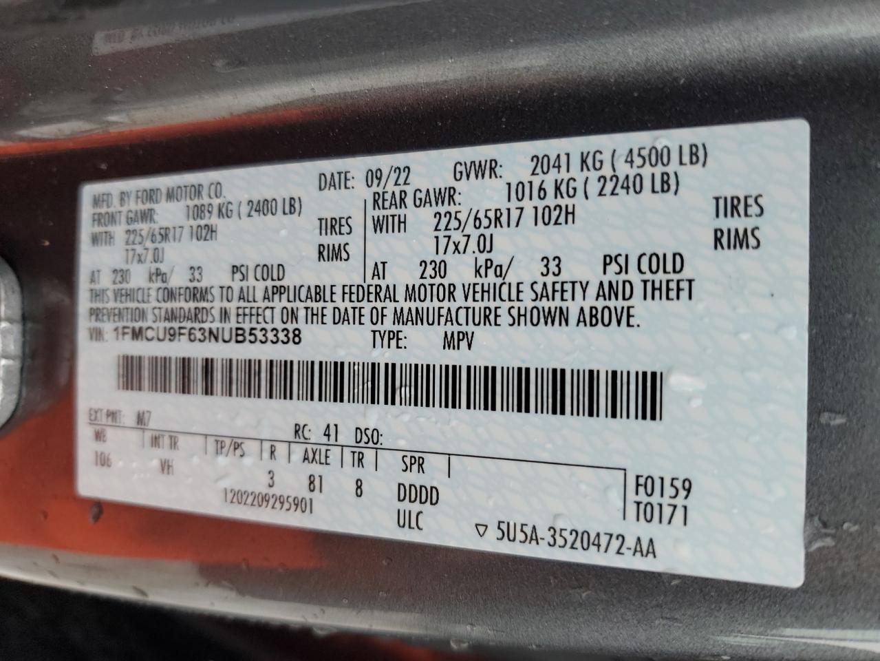 2022 FORD ESCAPE S VIN:1FMCU9F63NUB53338