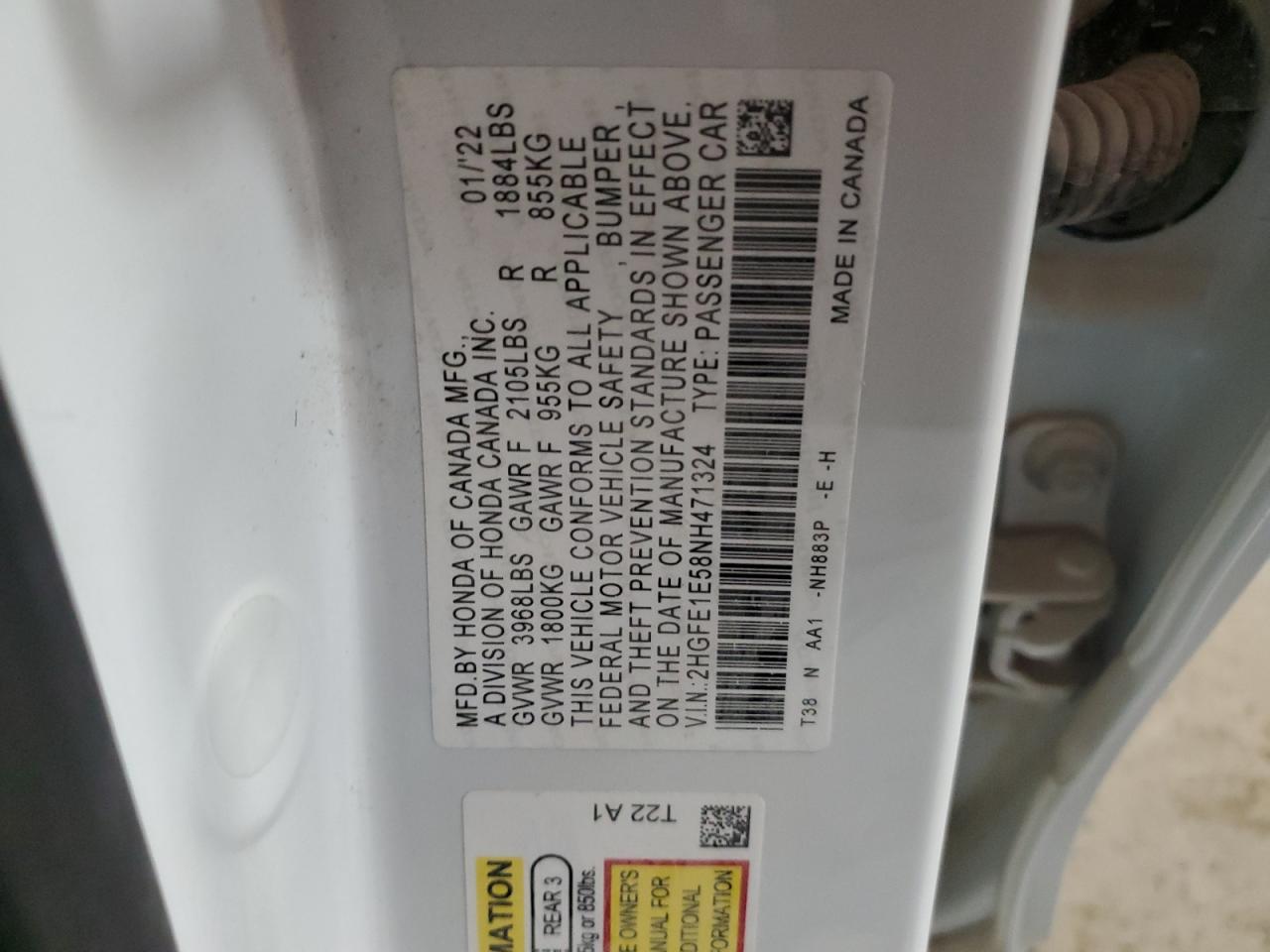 2022 HONDA CIVIC SI VIN:2HGFE1E58NH471324