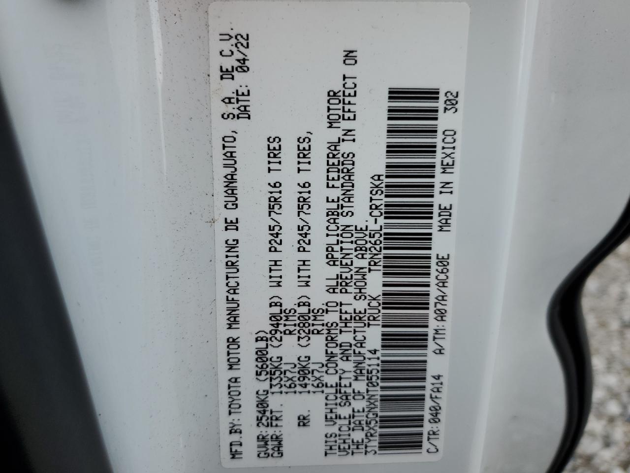 2022 TOYOTA TACOMA ACCESS CAB VIN:3TYRX5GNXNT055114