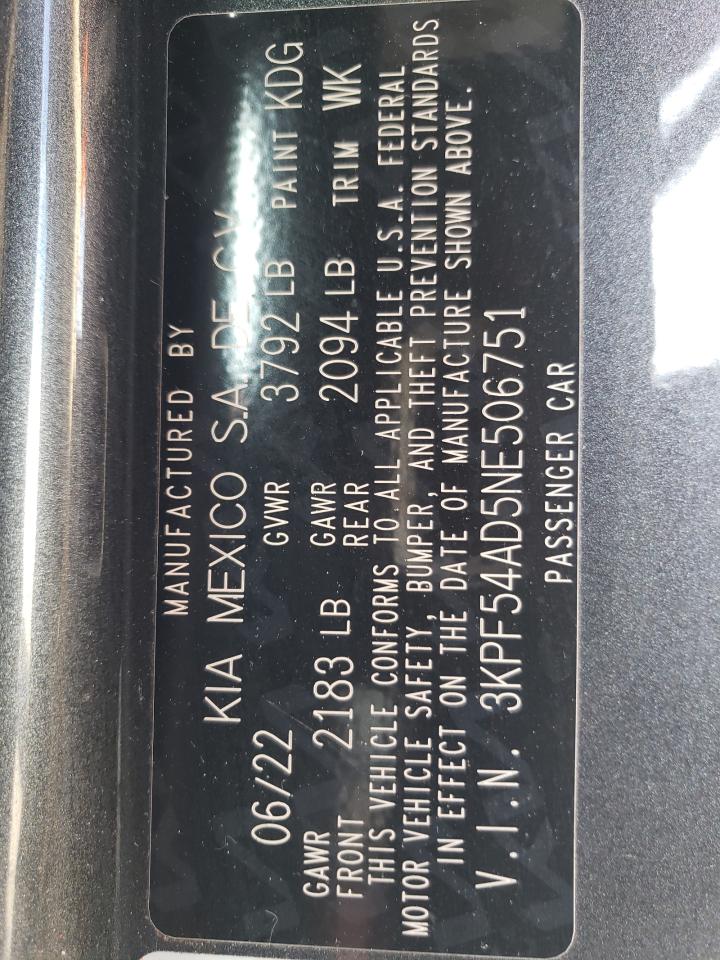 2022 KIA FORTE GT LINE VIN:3KPF54AD5NE506751