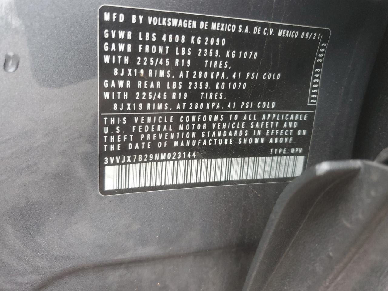 2022 VOLKSWAGEN TAOS SEL VIN:3VVJX7B29NM023144