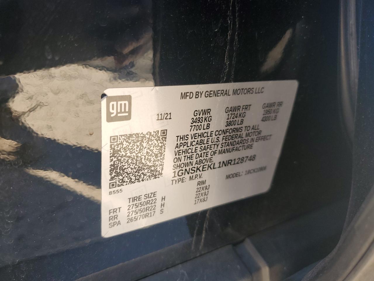 2022 CHEVROLET SUBURBAN K1500 RST VIN:1GNSKEKL1NR128748