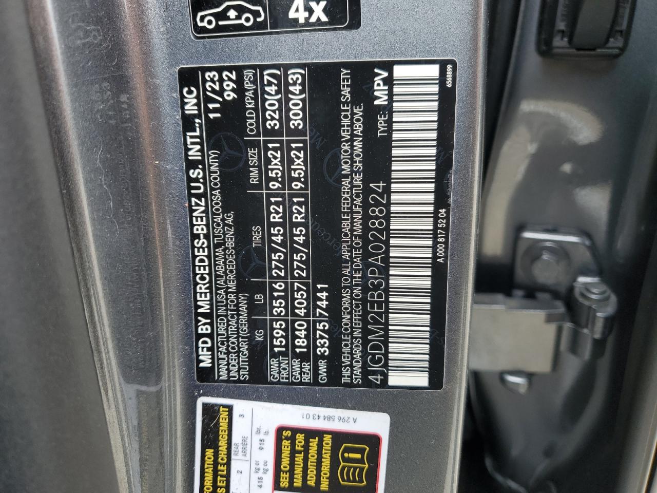 2023 MERCEDES-BENZ EQS SUV 450 4MATIC VIN:4JGDM2EB3PA028824