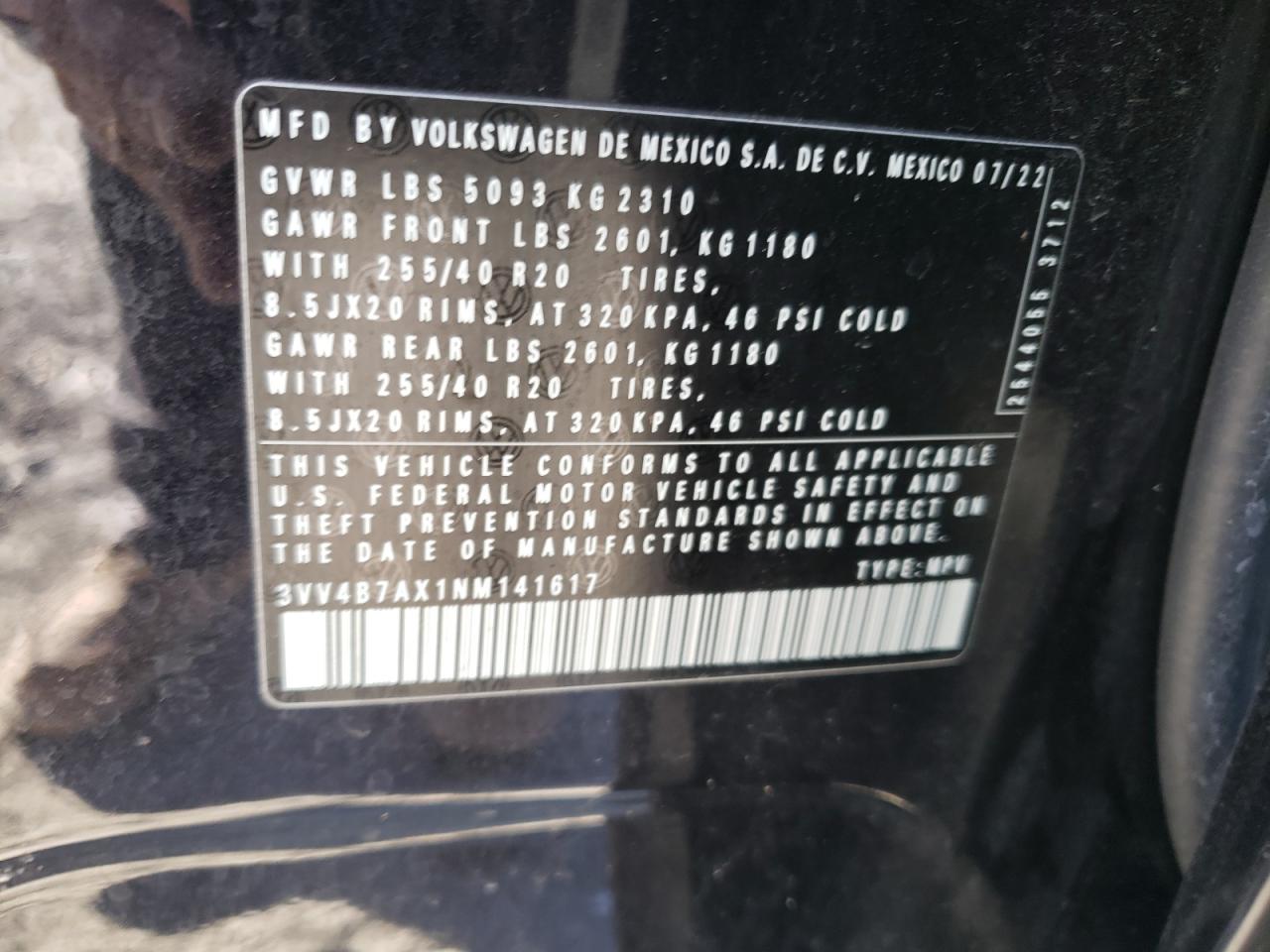 2022 VOLKSWAGEN TIGUAN SEL R-LINE VIN:3VV4B7AX1NM141617