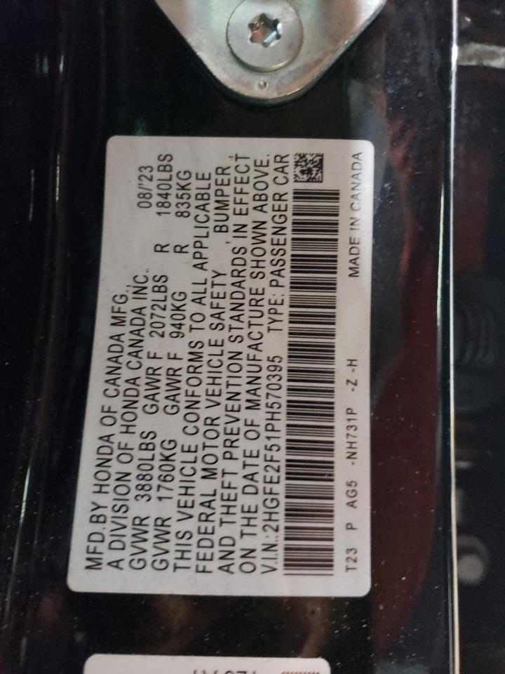 2023 HONDA CIVIC SPORT VIN:2HGFE2F51PH570395