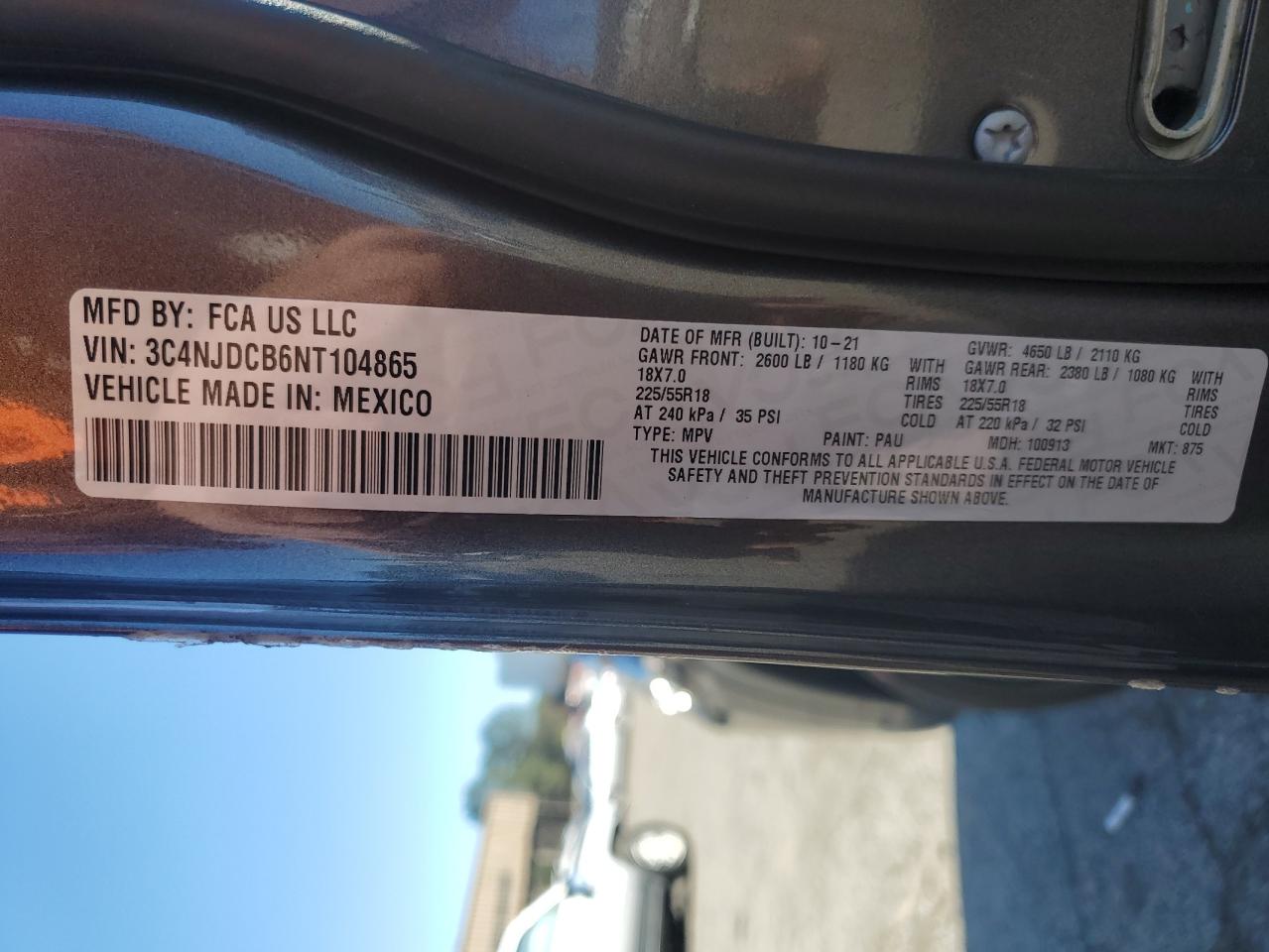 2022 JEEP COMPASS LIMITED VIN:3C4NJDCB6NT104865