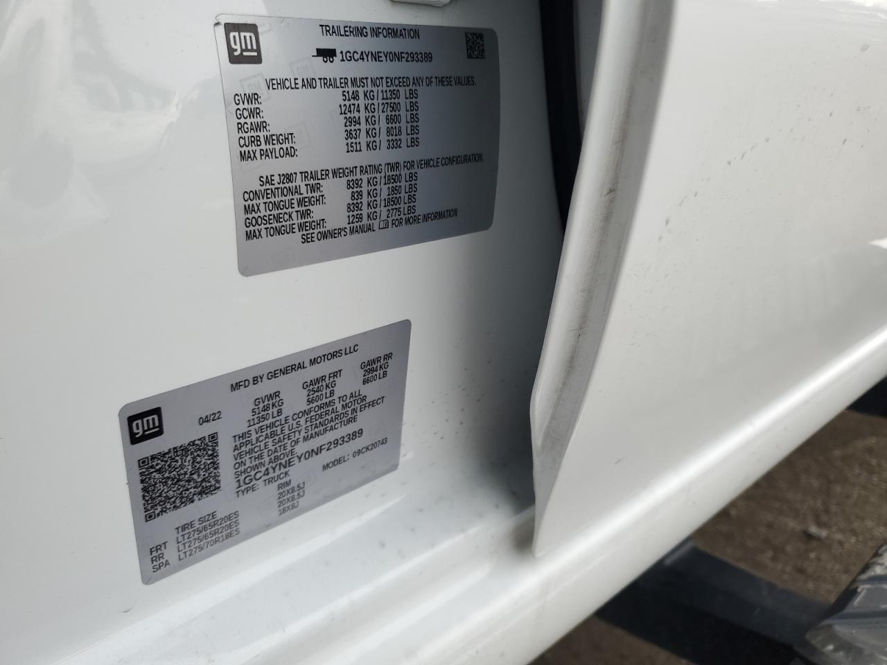 2022 CHEVROLET SILVERADO K2500 HEAVY DUTY LT VIN:1GC4YNEY0NF293389