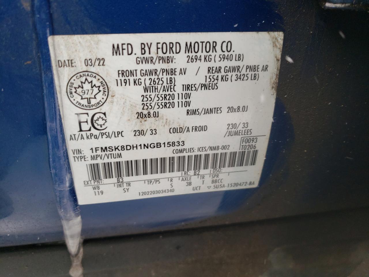 2022 FORD EXPLORER XLT VIN:JN1FV7AR5JM481250