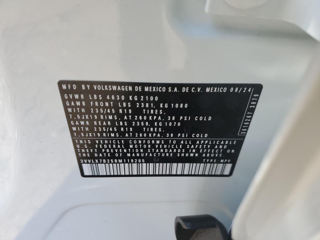 2024 VOLKSWAGEN TAOS SE VIN:3VVLX7B25RM119285