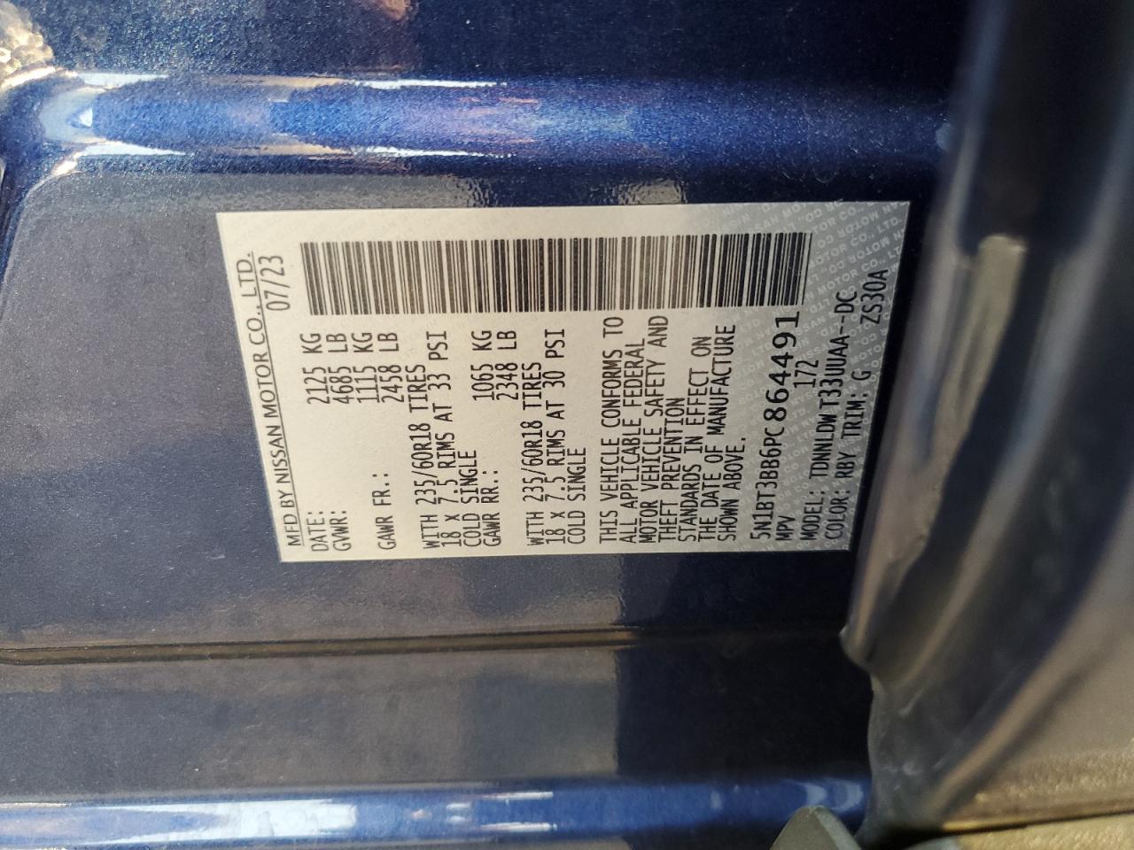 2023 NISSAN ROGUE SV VIN:5N1BT3BB6PC864491