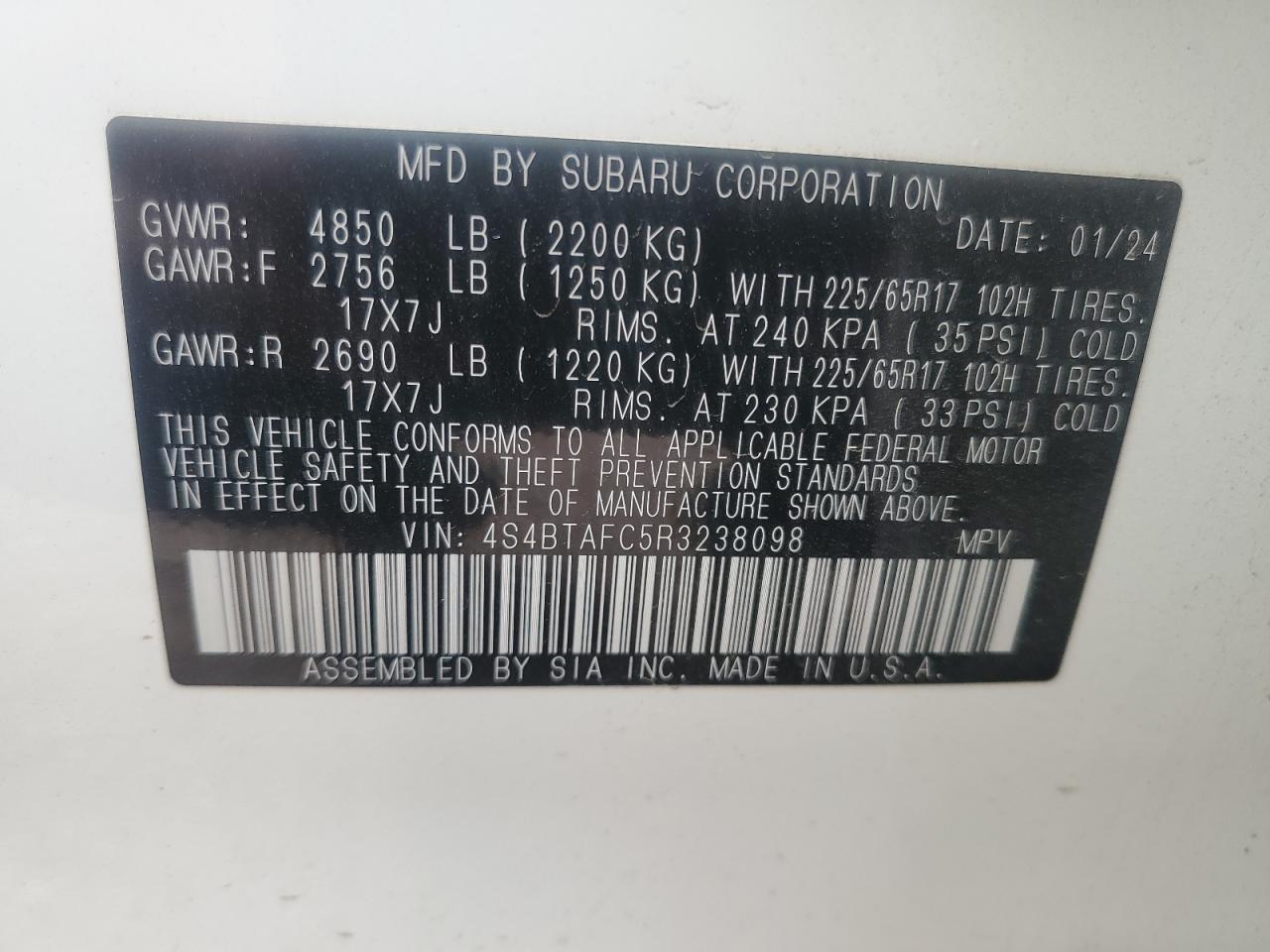 2024 SUBARU OUTBACK PREMIUM VIN:4S4BTAFC5R3238098