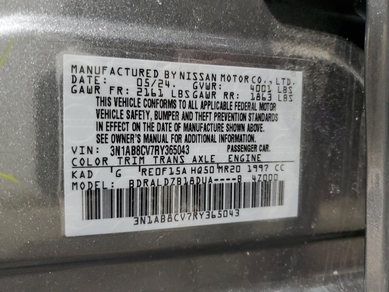 2024 NISSAN SENTRA SV VIN:3N1AB8CV7RY365043