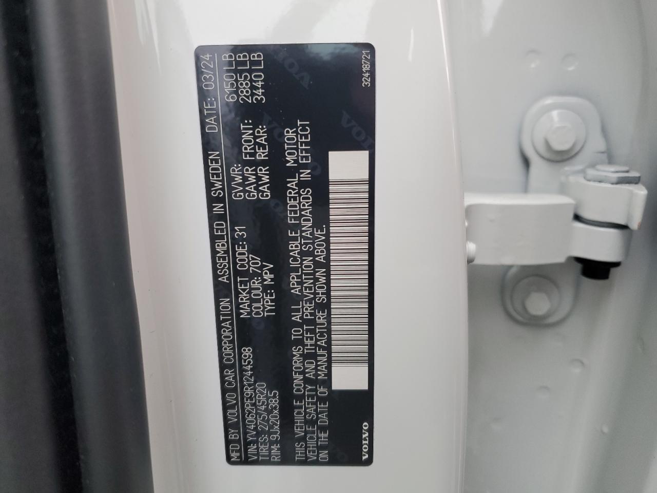 2024 VOLVO XC90 PLUS VIN:YV4062PE9R1244598